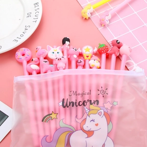 Cute pink cartoon gel pen set in a transparent unicorn pencil case for girls