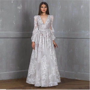 Elegant long sleeve lace embroidery evening dress with deep V-neck and floor-length skirt