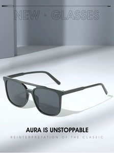 Detail of retro double-bridge structure on trendy black square fashion sunglasses