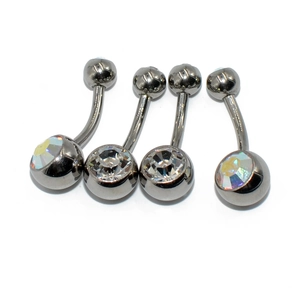 Detail view of G23 titanium belly rings featuring clear and iridescent rhinestones