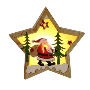 Star-shaped wooden Christmas ornament with LED warm lighting and Santa Claus carving