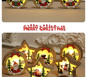 Close-up of wooden Christmas pendant with warm LED light and festive holiday carvings