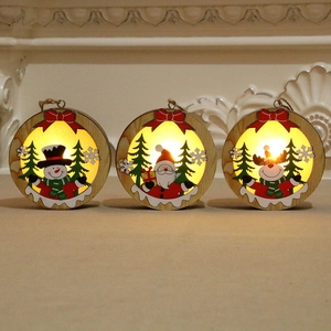 Three-piece set of wooden Christmas LED hanging ornaments featuring Santa, snowman, and reindeer