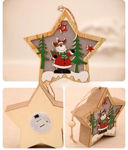 Detailed views of lighted wooden star ornament with Santa Claus and twine rope
