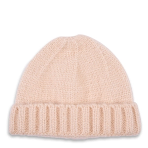 Warm apricot knitted beanie for toddlers featuring soft mohair texture and ribbed cuff