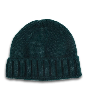 Detail of forest green knit beanie featuring wide ribbed cuffs and thick soft texture