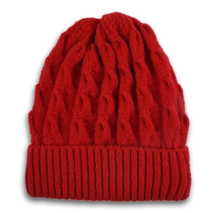 Detailed close-up of solid red cable knit hat featuring a wide ribbed cuff for winter