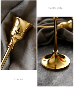Detail of electroplated golden iron candle holder showing base and cup textures