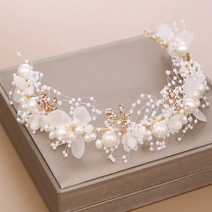 Braut Handgefertigt Künstliche Perle Blume Haarrand Gold Blatt Hochzeit Kopfschmuck Für Damen Mädchen Party Elegante Kopfbedeckung Zubehör