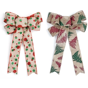 Fiocchi Per Decorazioni Natalizie In Juta Stampati Glitter Grande Puntale Per Albero Regalo Rustico