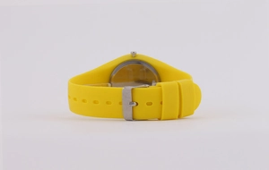 Close-up of yellow silicone strap with stainless steel back and Japan movement