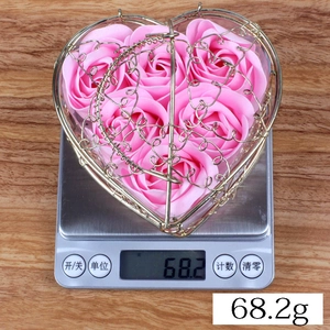 Pink heart-shaped soap roses in a gold metal wire basket gift box, 68.2g weight