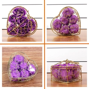 Detailed views of six purple soap roses in a gold heart-shaped metal wire cage gift box