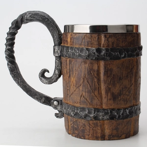 Close-up of barrel mug featuring realistic wood grain texture and 304 stainless steel liner