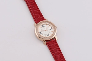 Detail of red crocodile leather strap and rose gold rhinestone bezel on women's watch
