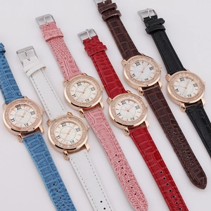 Fashion quartz watch for women with rhinestone bezel and textured leather strap in six colors