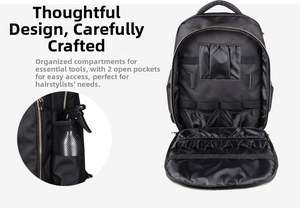 Detailed interior of a barber tool backpack showing specialized slots for hair clippers
