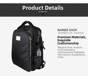 Detail view of the barber backpack showing a gold zipper and side mesh pocket with spray bottle