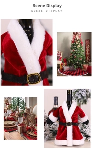 Detailed views of red velvet Santa Claus wine bottle covers in festive home settings