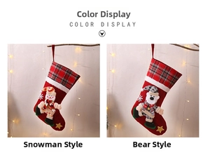 Detail of Christmas stockings with 3D snowman and bear dolls in red plaid fabric