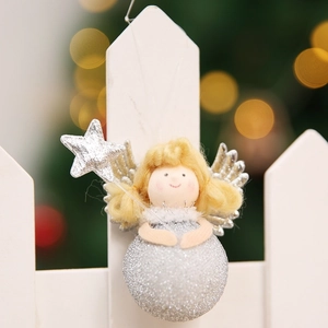 Cute sitting Christmas angel doll ornament with golden hair and silver sparkling body ball