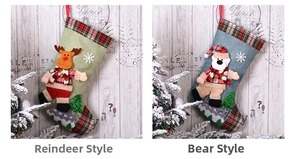 Detail of Christmas stocking gift bags featuring 3D reindeer and bear plush characters