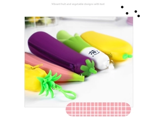 Detailed view of silicone pencil cases shaped like eggplant, banana, scallion, and pineapple