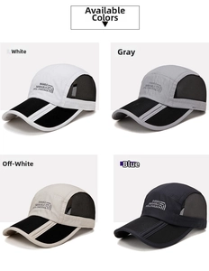 Detailed view of quick-dry mesh baseball caps in white, grey, beige and blue
