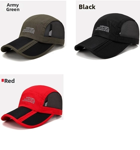 Three colors of foldable mesh baseball caps in army green, black, and red with 8456M logo