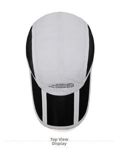 Top view of two-tone mesh baseball cap showing black and white breathable panel structure