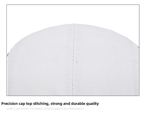 Detailed macro view of the professional stitching on a white mesh foldable baseball cap