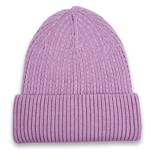 Detailed view of the thick lavender ribbed knit pattern on this warm winter beanie cap