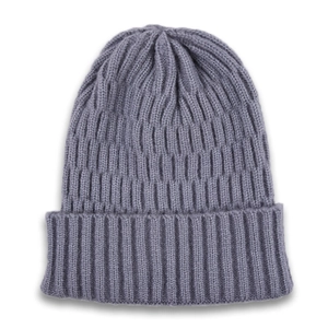 Detail of dark grey knit beanie featuring premium vertical ribbed texture and folded cuff
