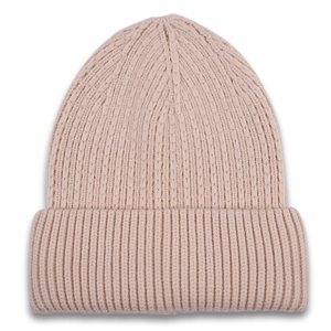 Detail view of the thick vertical rib knit texture and wide folded brim on this pink beanie