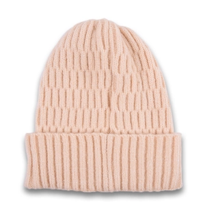 Detail of peach knit beanie showing ribbed cuff and textured checkerboard pattern weave