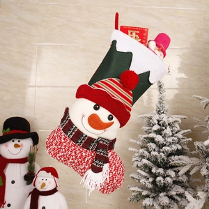Detail of 3D snowman Christmas stocking with striped hat and knitted texture hanging decor