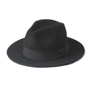 Detailed view of the black felt fedora hat featuring a matching wide satin ribbon band