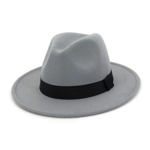 Classic light grey wool felt Panama fedora hat with black grosgrain ribbon for men and women