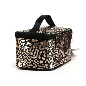 Black cosmetic bag with metallic gold leopard print and convenient top carry handle