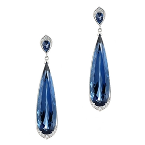 Elegant long drop earrings with deep blue teardrop crystals and silver pavé accents