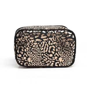 Large capacity leopard print makeup bag with gold foil spots and zipper closure