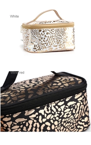 Detail view of large leopard print makeup bags in white and wine red colors