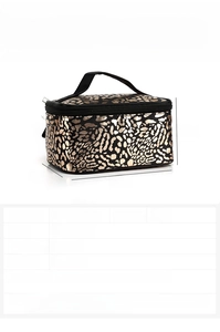 Detailed size chart for leopard print makeup bag showing 19x12x10cm dimensions