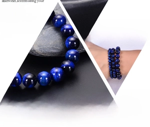 Macro detail of natural blue tiger eye stone beads with silky chatoyancy and texture