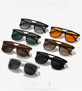 Multiple colors of square double-bridge sunglasses shown in a diagonal grid layout