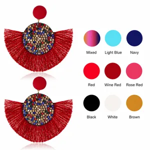 Boucles d'oreilles bohèmes en forme d'éventail avec strass colorés et franges rouges