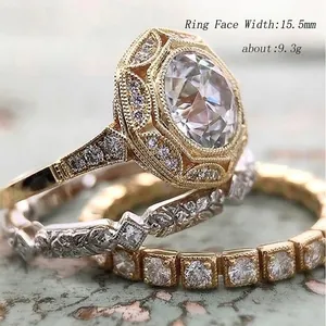 Three-piece set of geometric zirconia rings for women featuring 15.5mm vintage main stone