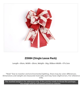 Detail of 30x20cm linen Christmas bow featuring red reindeer prints for tree decoration