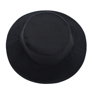 Classic black wide-brim sun hat with adjustable wind rope in a breathable fabric material
