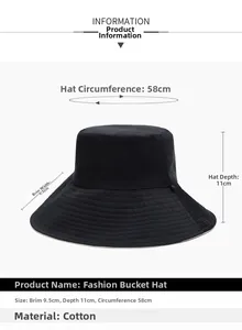 Detailed measurement chart of a black cotton sun hat showing brim and depth dimensions